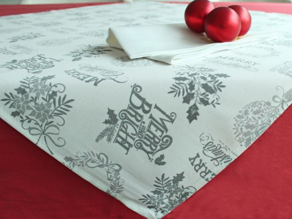 Weihnachtstischdecke Lutz, champagner-silber, mit Schrift, 85x85