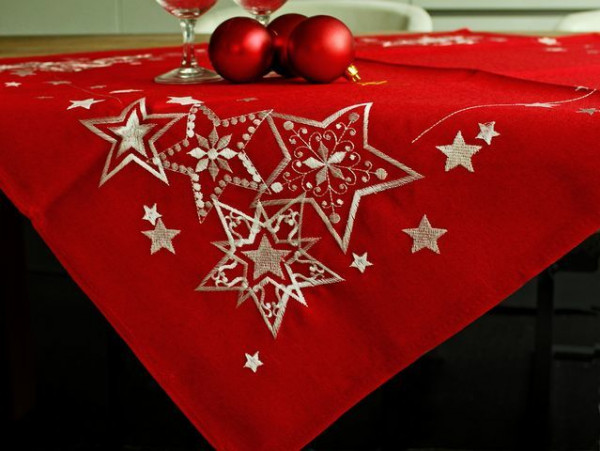 Weihnachtstischdecke Liam, rot, mit weißen Sternen, 85x85